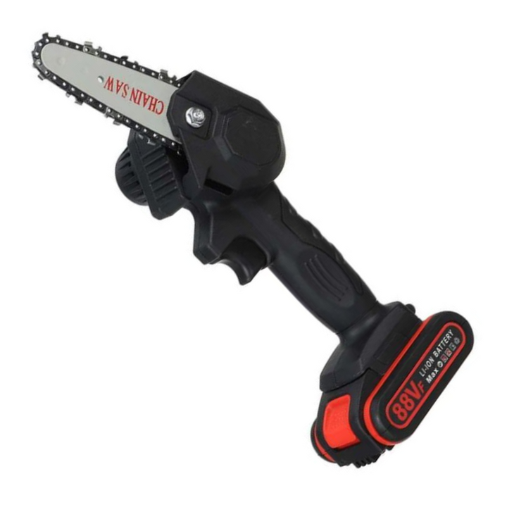 Compacte draadloze kettingzaag met accu, ideaal voor takken snoeien en licht zaagwerk.