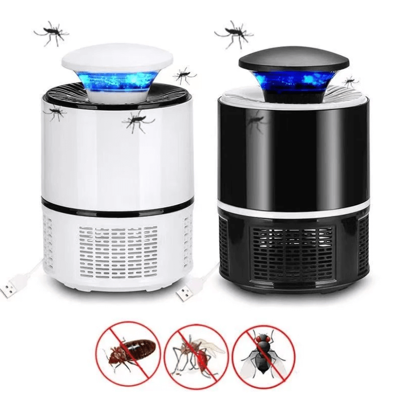 "Elektrische muggendoder lamp, krachtig design, USB oplaadbaar, stil, elegant zwart, geschikt voor binnen en buiten."