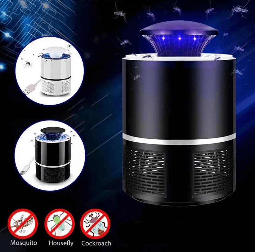 "Elektrische muggendoder lamp, krachtig design, USB oplaadbaar, stil, elegant zwart, geschikt voor binnen en buiten."