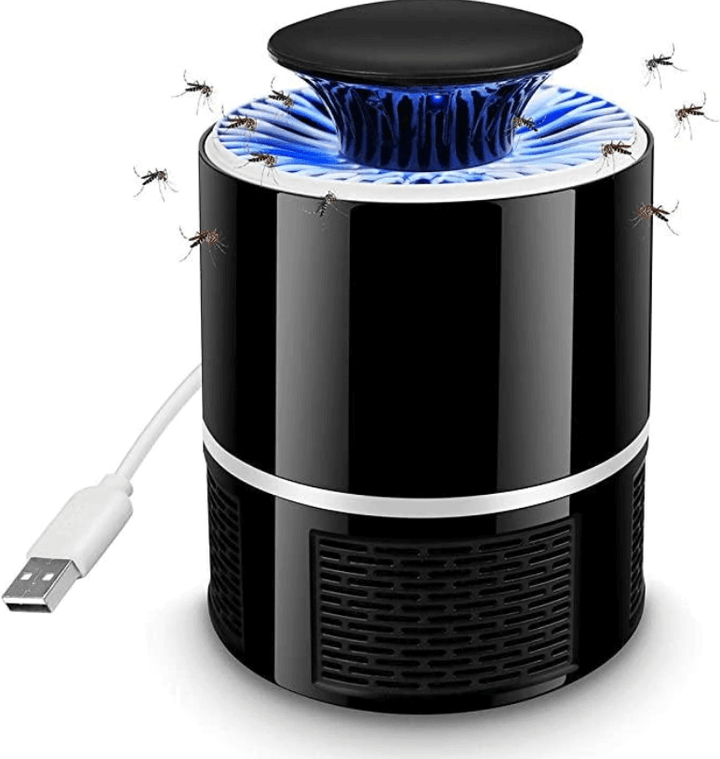 "Elektrische muggendoder lamp, krachtig design, USB oplaadbaar, stil, elegant zwart, geschikt voor binnen en buiten."