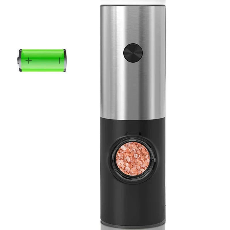 "Elektrische peper- en zoutmolen met LED, zwart, compact ontwerp, eenvoudig te bedienen in donkere keukensituaties."