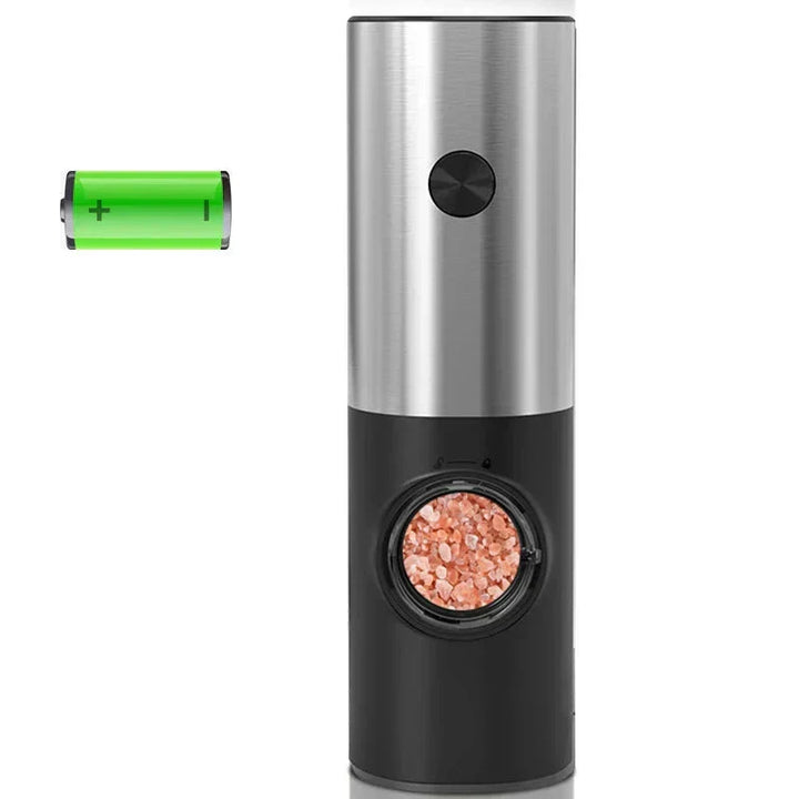 "Elektrische peper- en zoutmolen met LED, zwart, compact ontwerp, eenvoudig te bedienen in donkere keukensituaties."