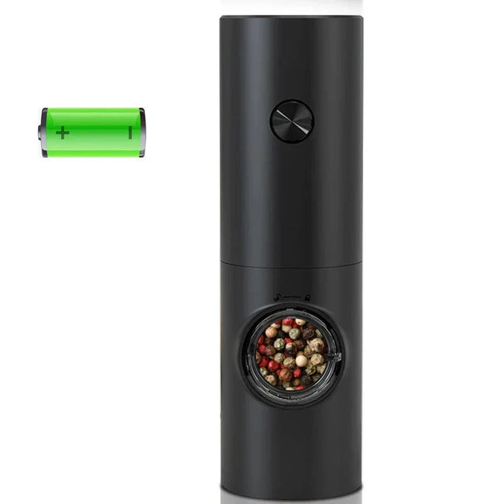 "Elektrische peper- en zoutmolen met LED, zwart, compact ontwerp, eenvoudig te bedienen in donkere keukensituaties."