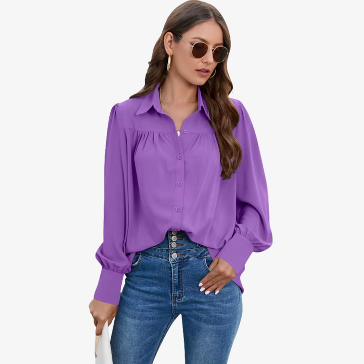 "Elin chiffon blouse met luchtige lantern-mouwen en knoopsluiting, ideale stijlvolle damesmode in diverse kleuren."