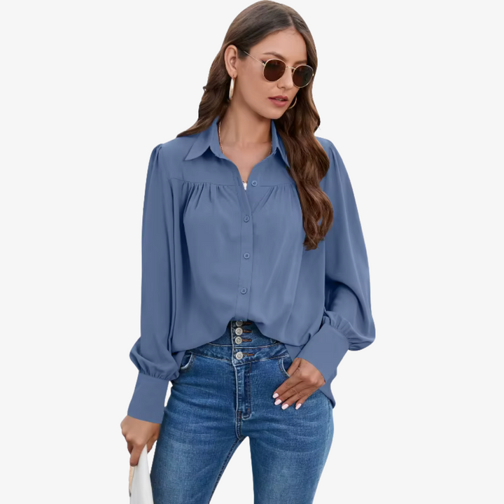 "Elin chiffon blouse met luchtige lantern-mouwen en knoopsluiting, ideale stijlvolle damesmode in diverse kleuren."
