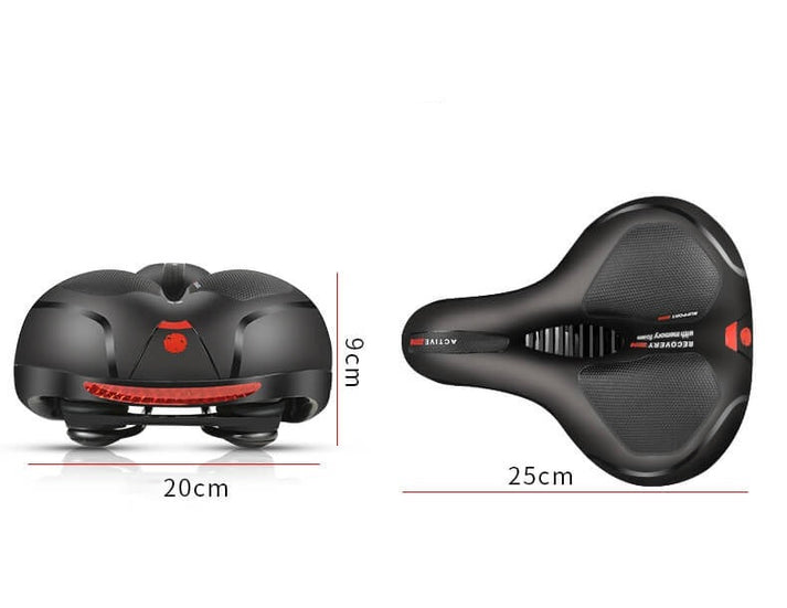 Zijkant van ergonomisch fietszadel, toont schokabsorberend materiaal voor comfortabele ritten.