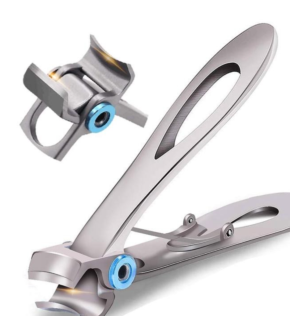 Ergonomische nagelknipper met roestvrijstalen bladen, perfect voor dikke nagels, zilverkleurig en duurzaam ontworpen.