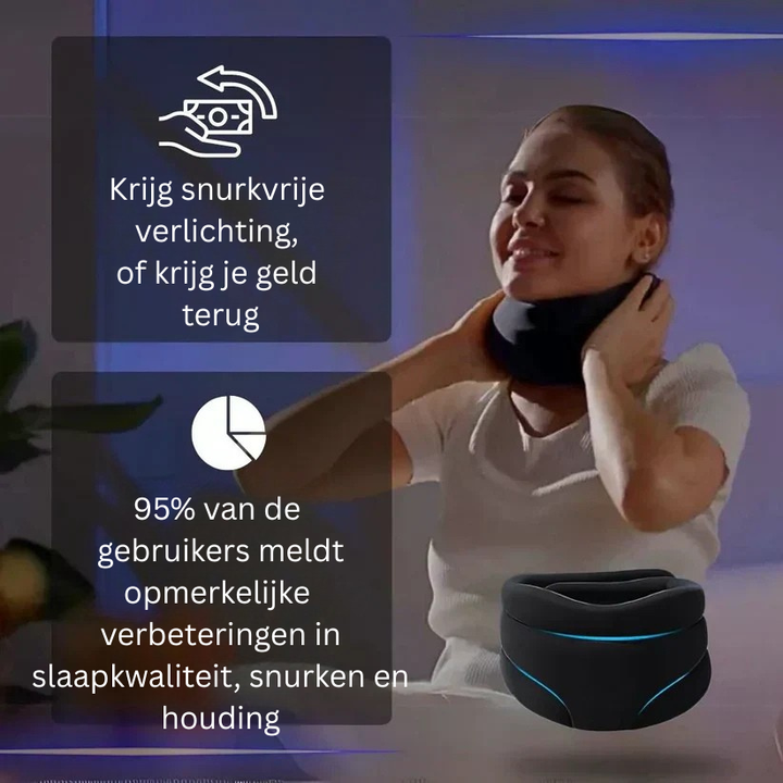 Orthopedische neksteun die de wervelkolom uitlijnt, vermindert snurken en nekpijn voor betere gezondheid.