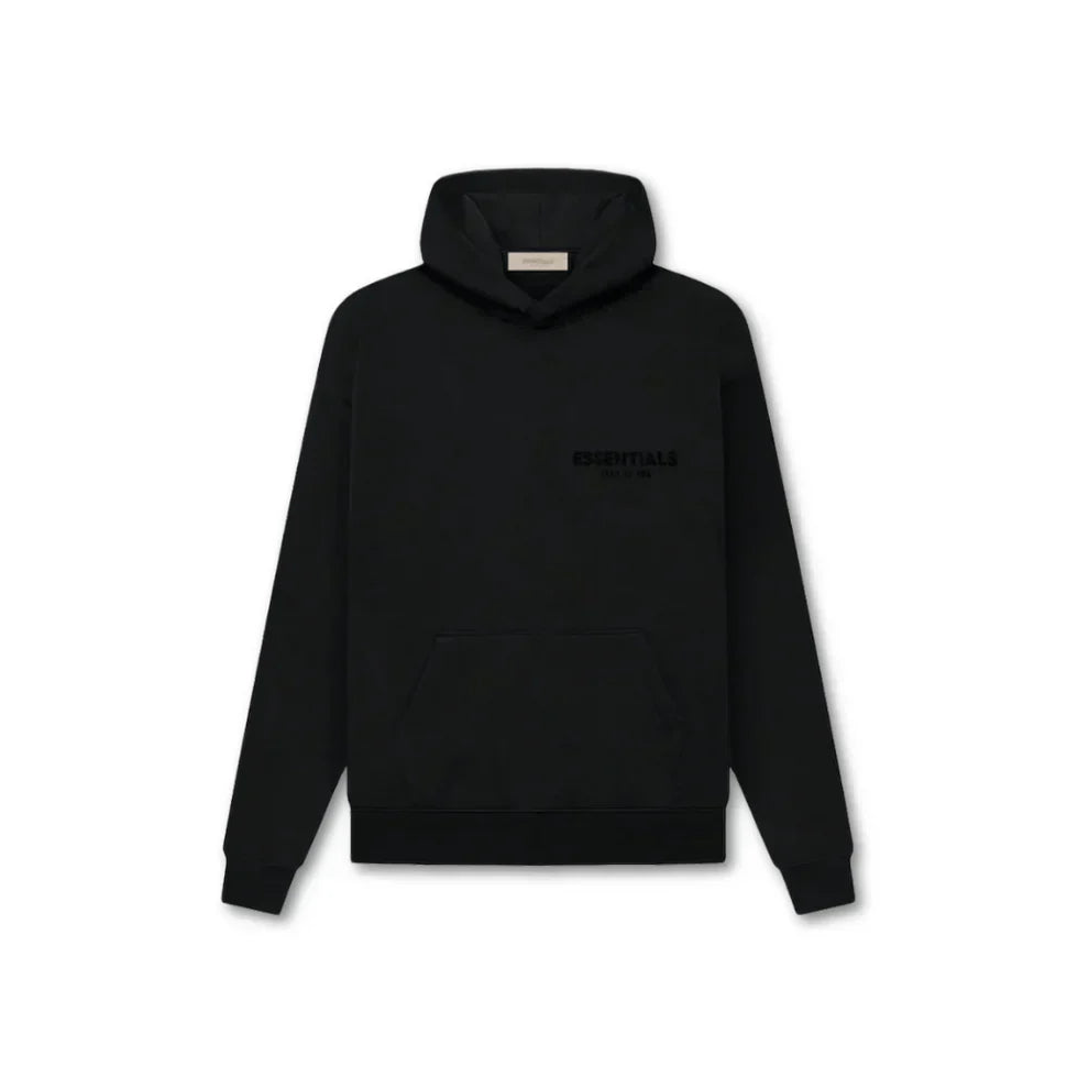 "Essentials oversized unisex hoodie in beige, grijs of zwart met ruime capuchon, buidelzak en minimalistisch ontwerp."