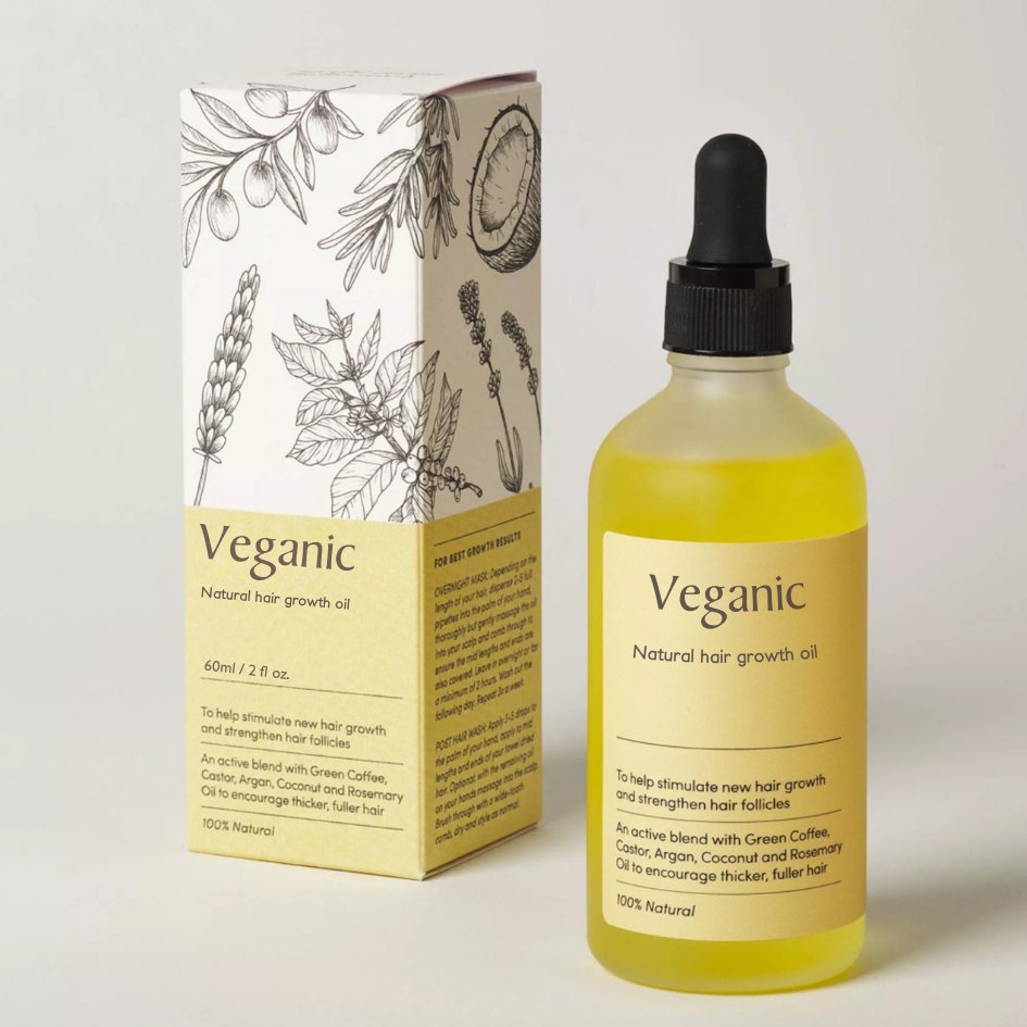 Fles Veganic haargroei olie, natuurlijk serum voor voller en gezonder haar. Met arganolie en castorolie.
