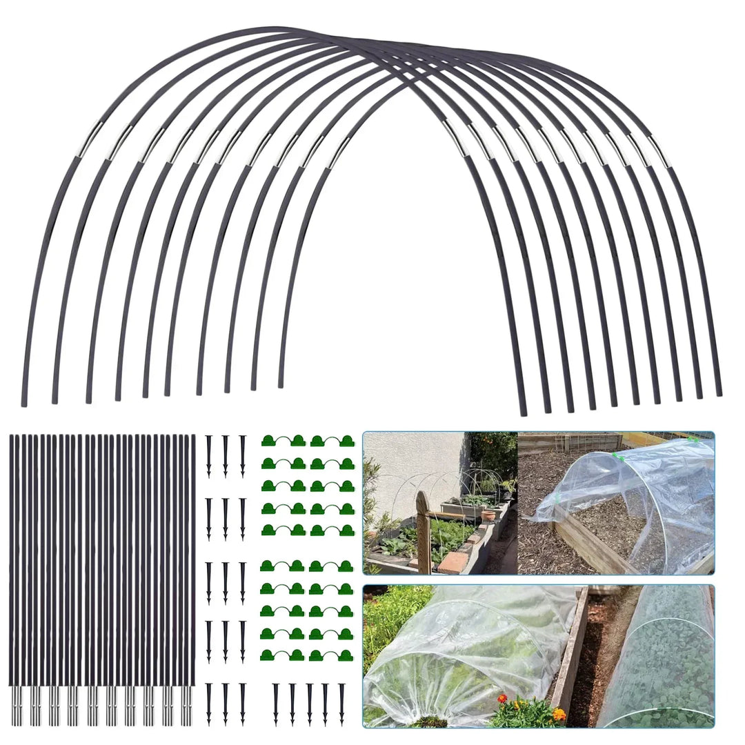 Flexibele glasvezel tuinboogset voor DIY plantentunnel; perfect voor moestuin, vroegteelt en plantenbescherming.