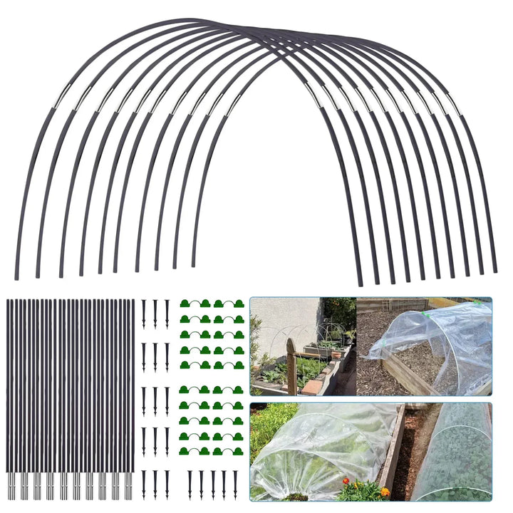 Flexibele glasvezel tuinboogset voor DIY plantentunnel; perfect voor moestuin, vroegteelt en plantenbescherming.