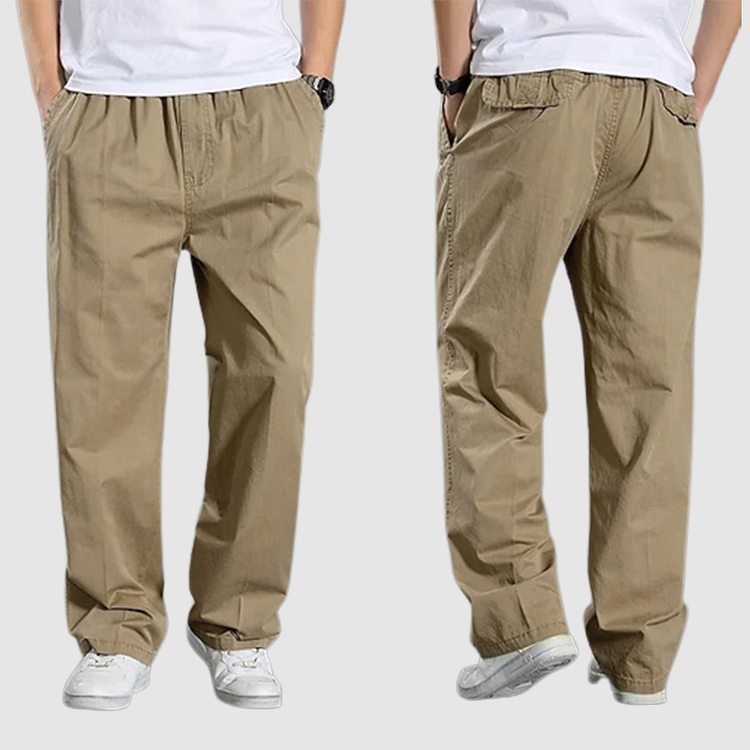 Comfortabele Frederick katoenen heren cargobroek met elastische taille en functionele zakken.