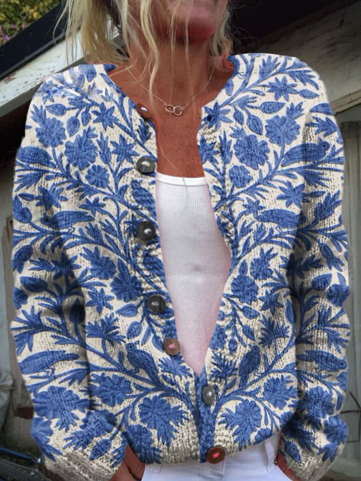 Gebreid dames cardigan vest met stijlvolle print. Perfect voor herfst en winter.