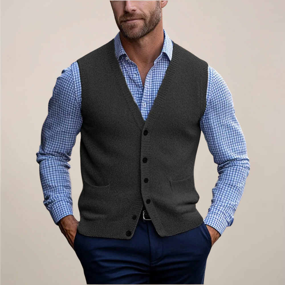 Stijlvol gebreid heren gilet met V-hals voor zakelijke of smart casual gelegenheden. Tussenseizoen kleding.