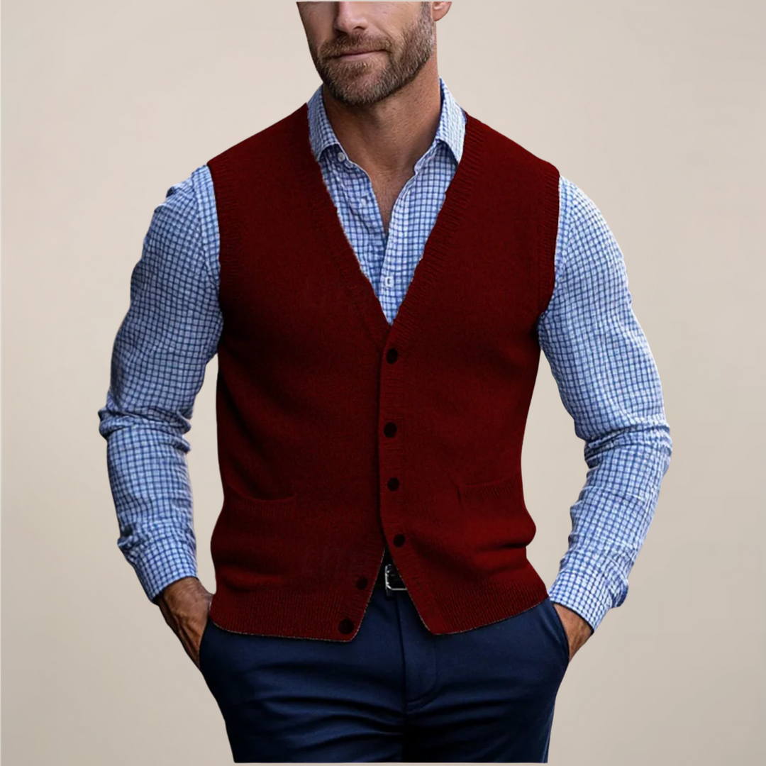 Mouwloos heren gilet, fijn gebreid met klassieke V-hals. Comfortabel en veelzijdig voor elke man.