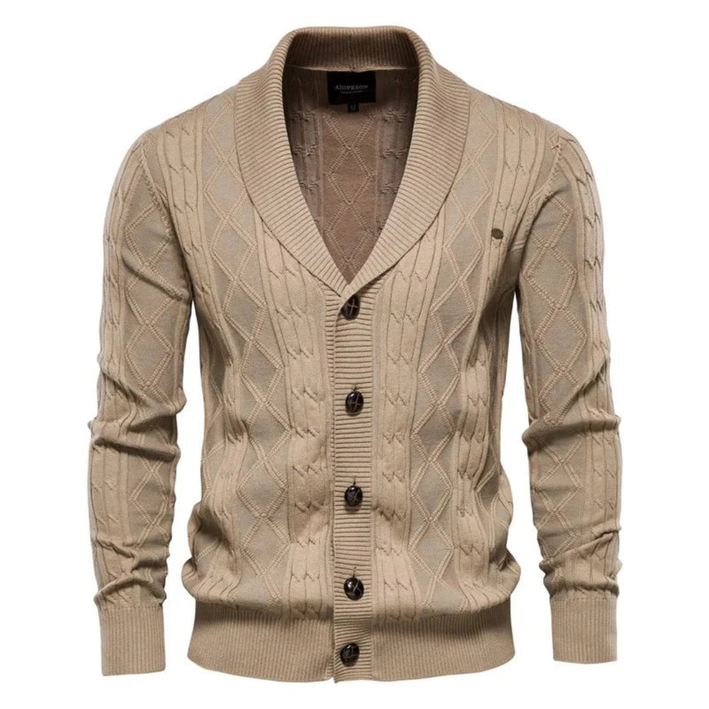 Slimfit herenvest met stijlvol ruitpatroon en sjaalkraag. Een gebreid knoopvest voor een casual of elegante look.