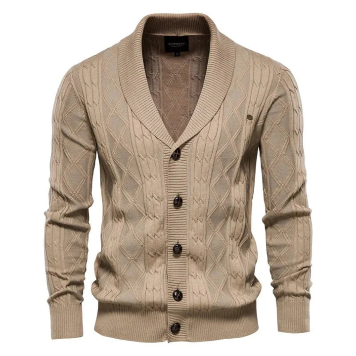 Slimfit herenvest met stijlvol ruitpatroon en sjaalkraag. Een gebreid knoopvest voor een casual of elegante look.