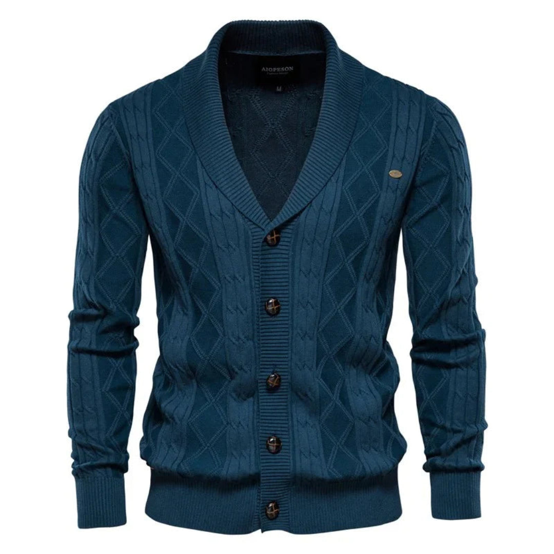 Stijlvol heren knoopvest in ruitpatroon met sjaalkraag. Dit gebreide slimfit vest is perfect voor de moderne man.