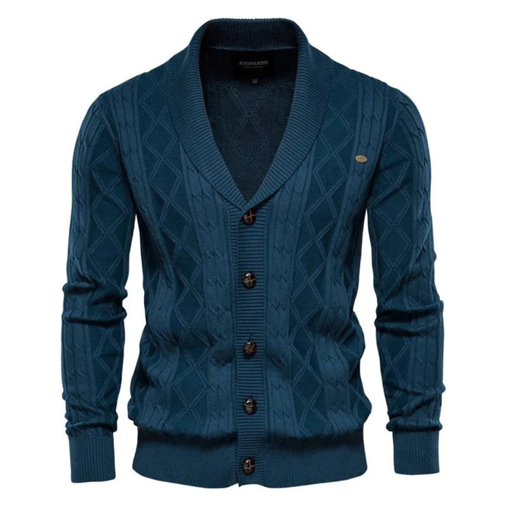Stijlvol heren knoopvest in ruitpatroon met sjaalkraag. Dit gebreide slimfit vest is perfect voor de moderne man.