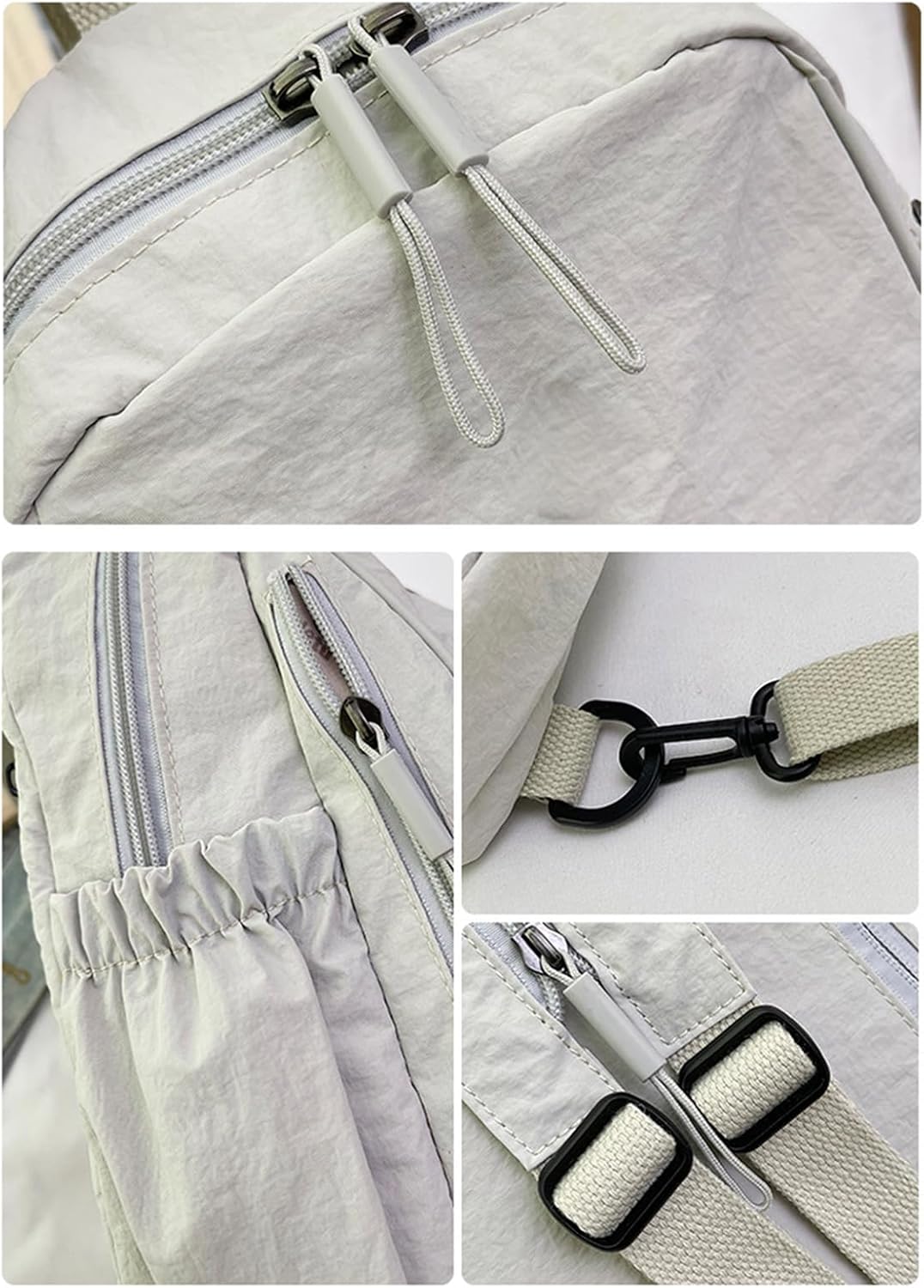 Lichtgewicht nylon schooltas, waterdicht en casual, in een moderne lichtgrijze kleur.
