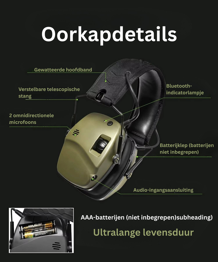 Bluetooth geluiddempende oorkappen; ideale gehoorbescherming voor schieten, jagen en buitensport.