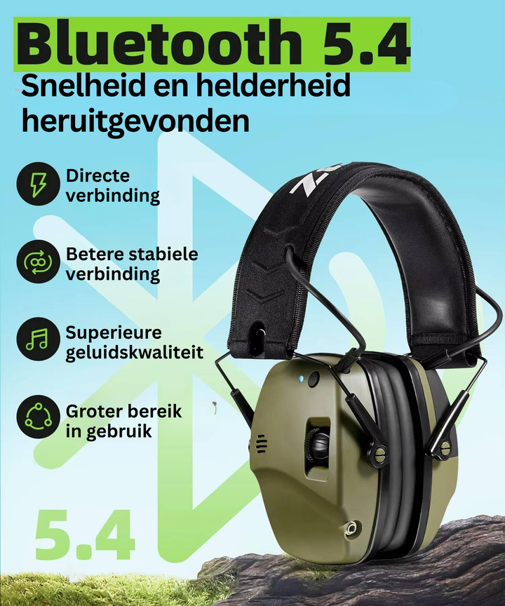 Opvouwbare geluiddempende oorkappen voor schietsport; compacte, veilige Bluetooth gehoorbescherming.