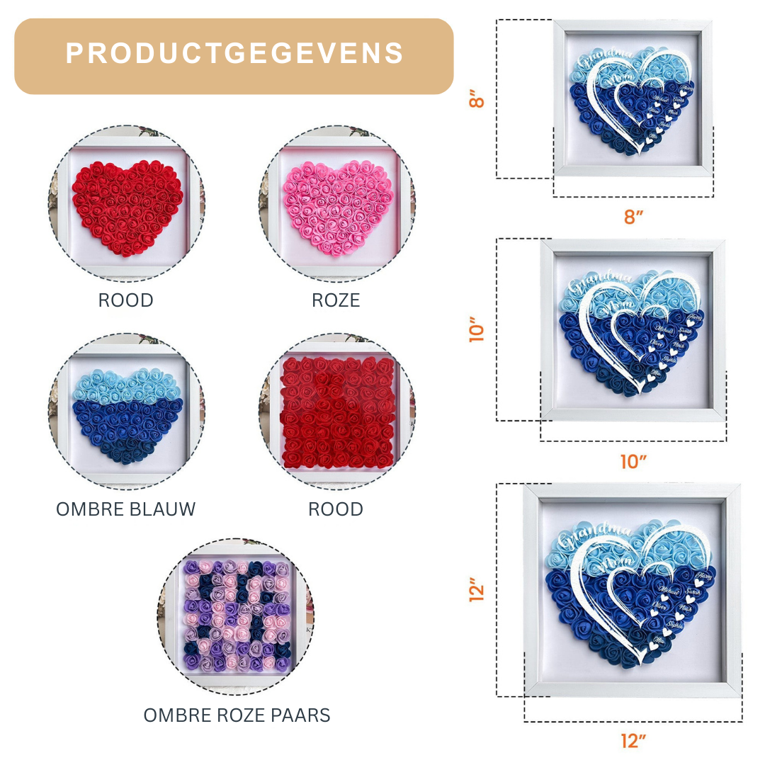 Uniek gepersonaliseerd schaduwdoos cadeau met bloemen en namen, een warm LED licht voor een speciaal moment.