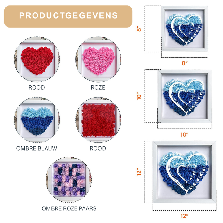Uniek gepersonaliseerd schaduwdoos cadeau met bloemen en namen, een warm LED licht voor een speciaal moment.