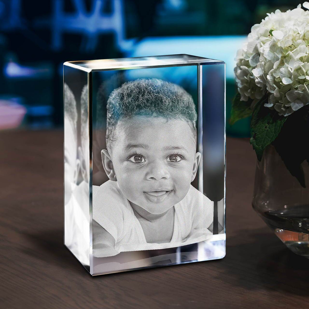 Elegant 3D fotokristal decoratie voor thuis, met gepersonaliseerde foto. Perfect aandenken.