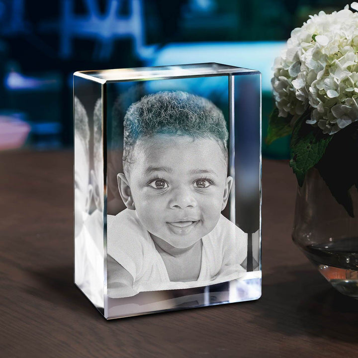 Elegant 3D fotokristal decoratie voor thuis, met gepersonaliseerde foto. Perfect aandenken.