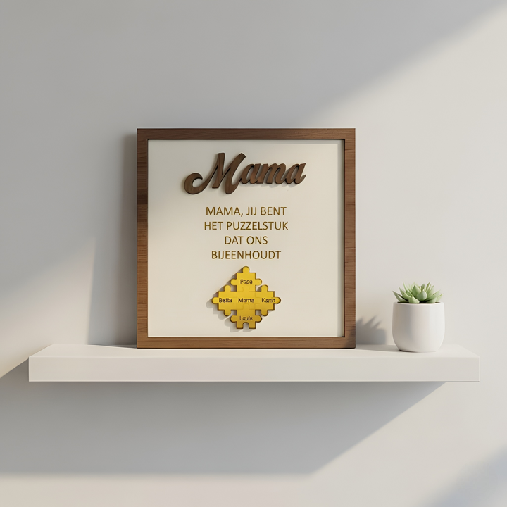 Close-up van gepersonaliseerde houten familiepuzzel met unieke namen, een warm aandenken en decoratie.