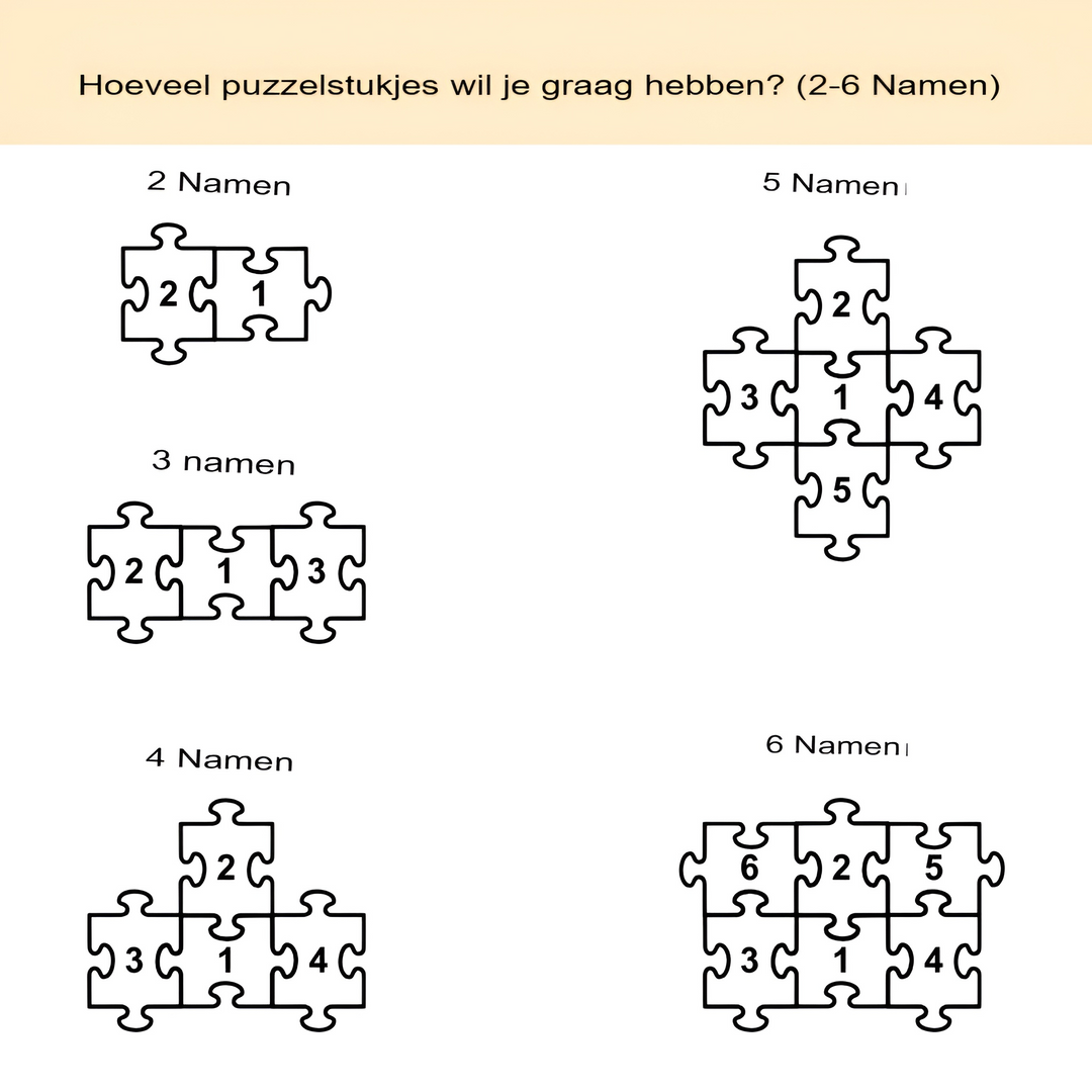 Gegraveerde houten puzzelstukken met namen, samengesteld tot een gepersonaliseerd familie gedenkstuk.