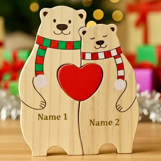 Decoratief houten beer familiebeeld, gepersonaliseerd, een speciaal en duurzaam familiegeschenk.