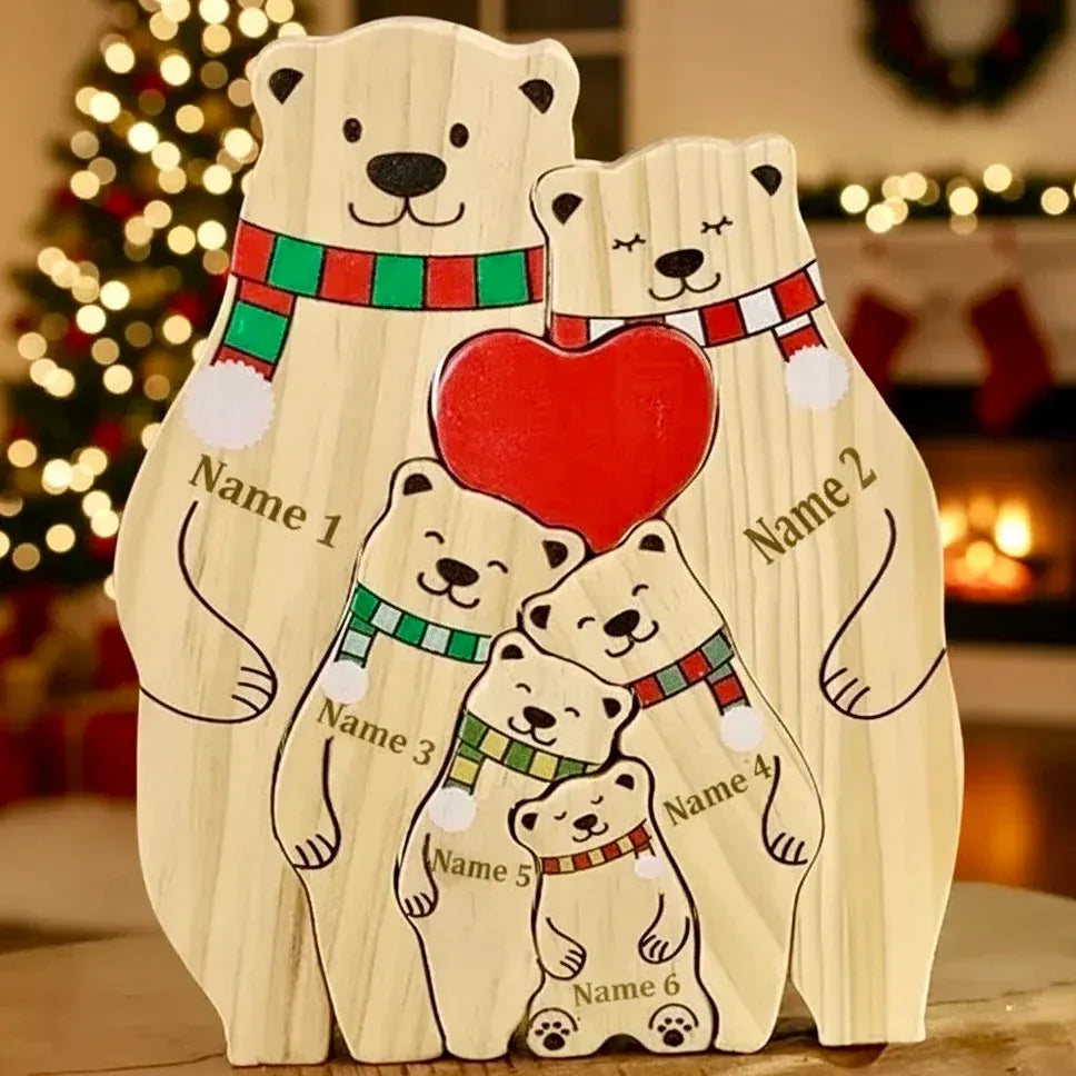 Houten beersculptuur gepersonaliseerd met namen, perfect voor woondecoratie of als aandenken.