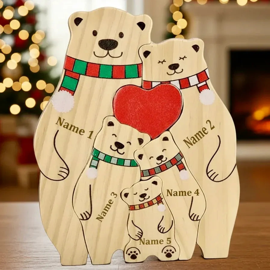 Uniek gepersonaliseerd houten familiesculptuur, beschikbaar in leeuw of beer, ideaal voor woondecoratie.