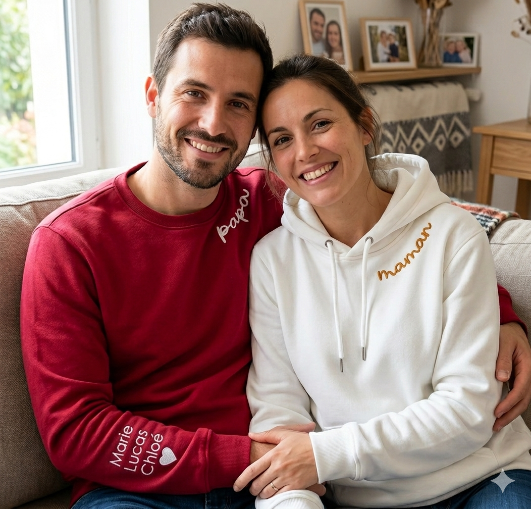 Vrolijke mama draagt casual grijs 'MOM' sweatshirt, gepersonaliseerde dameskleding, comfortabel en uniek geschenk.