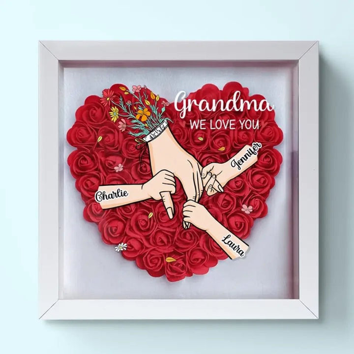 Gepersonaliseerde Moederdag shadow box, vierkant, met kunstbloemen en LED.