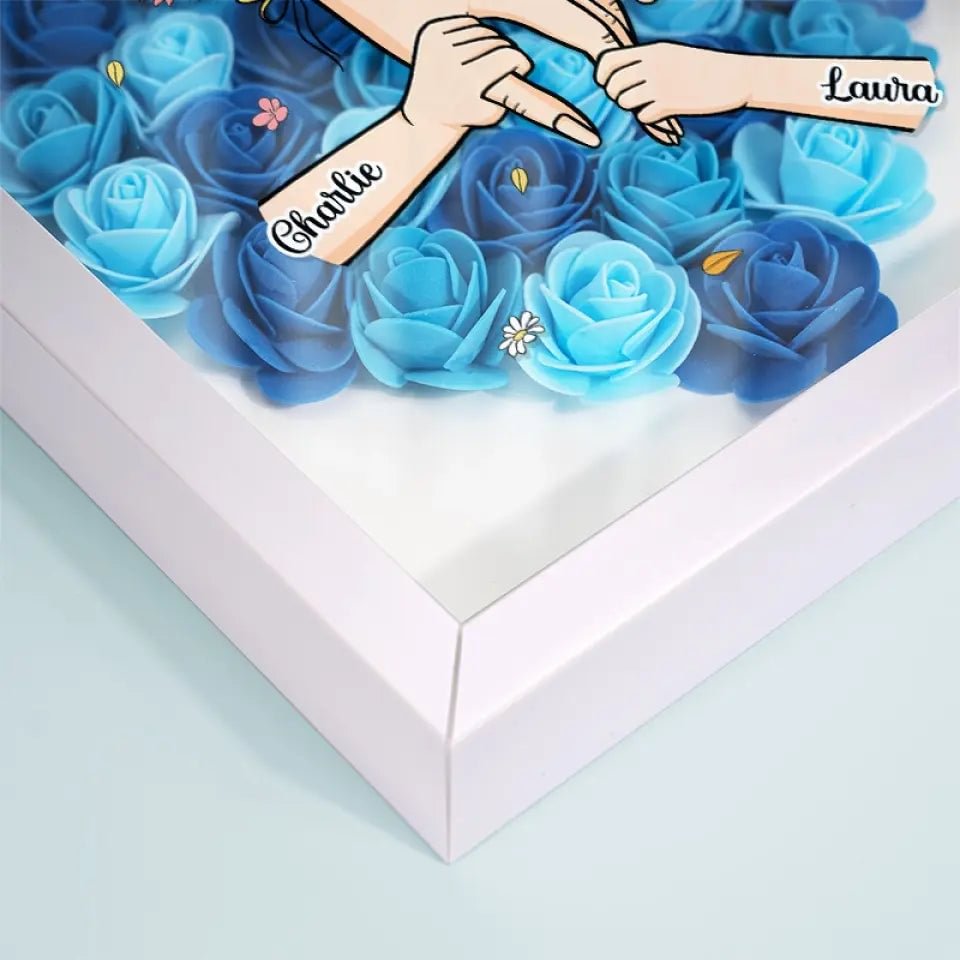 Moderne shadow box bloemenlijst, vierkant, met LED en namen, perfect voor Moederdag.