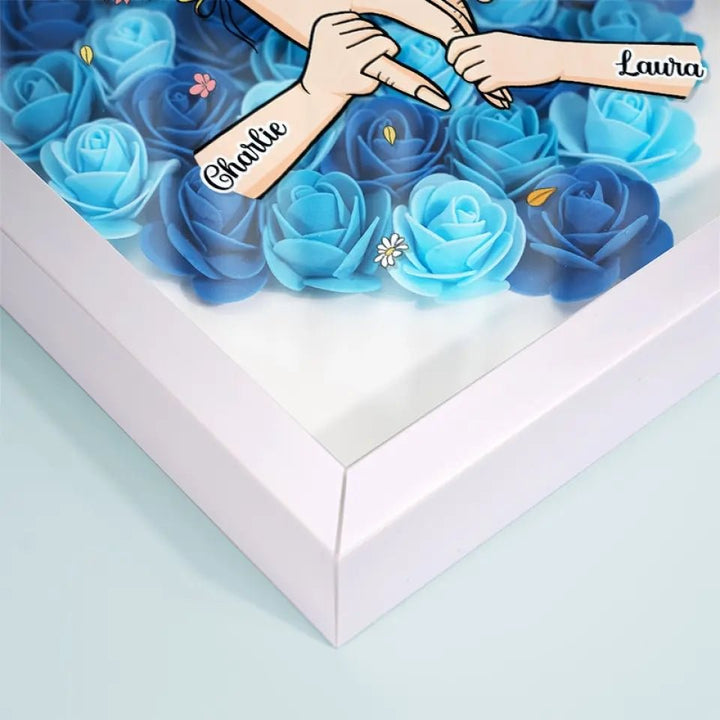 Moderne shadow box bloemenlijst, vierkant, met LED en namen, perfect voor Moederdag.