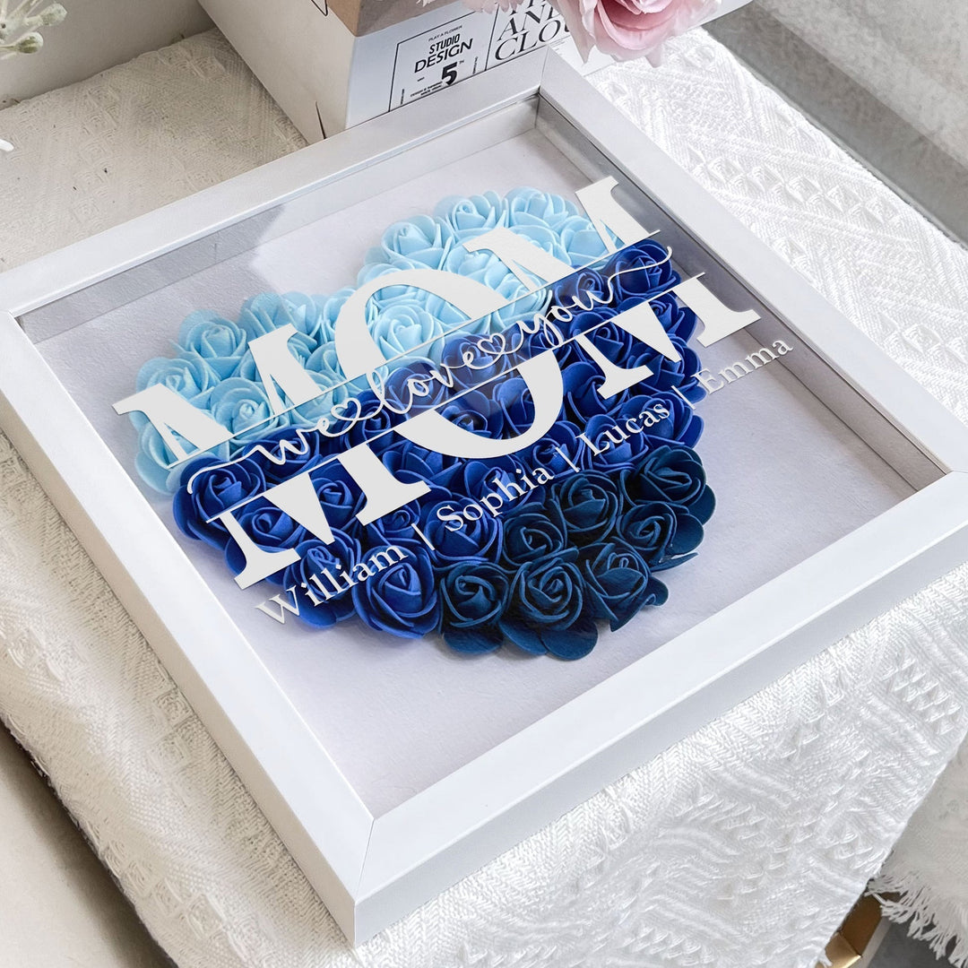 Gepersonaliseerde familie shadowbox, ideaal verjaardagscadeau of jubileum decoratie met bloemen.