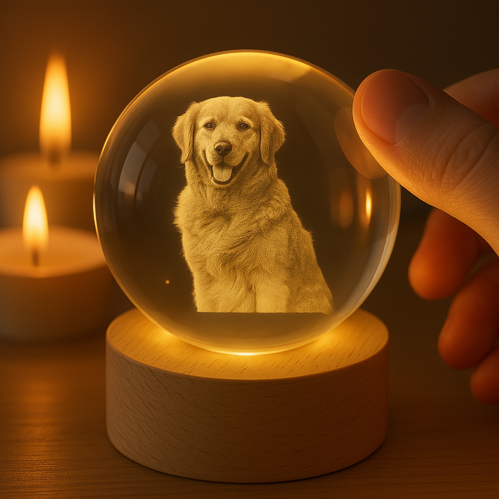 Gepersonaliseerde herinneringsbal voor huisdier met foto en LED-verlichting. Een liefdevol gedenkteken.