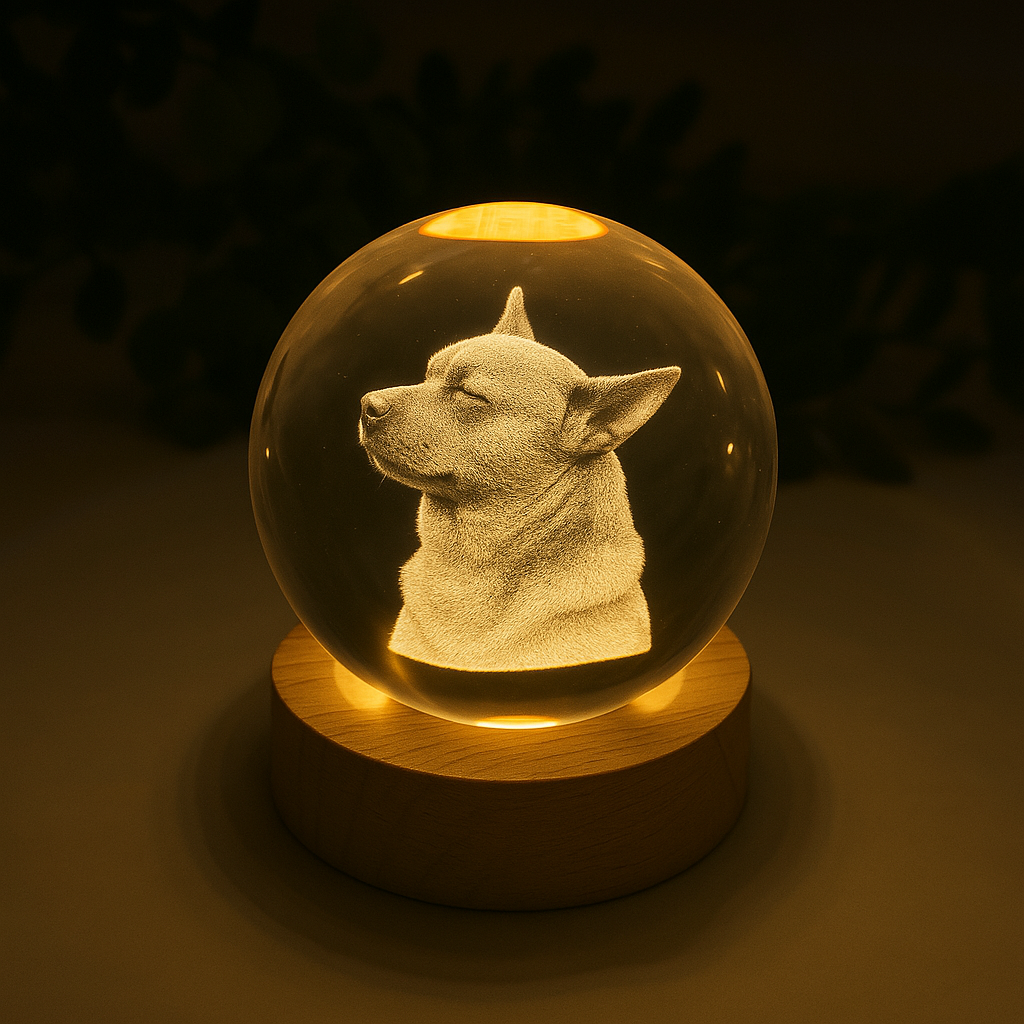 Troostrijke herinneringsbal voor je overleden huisdier, gepersonaliseerd met naam of foto. Mooie LED decoratie.