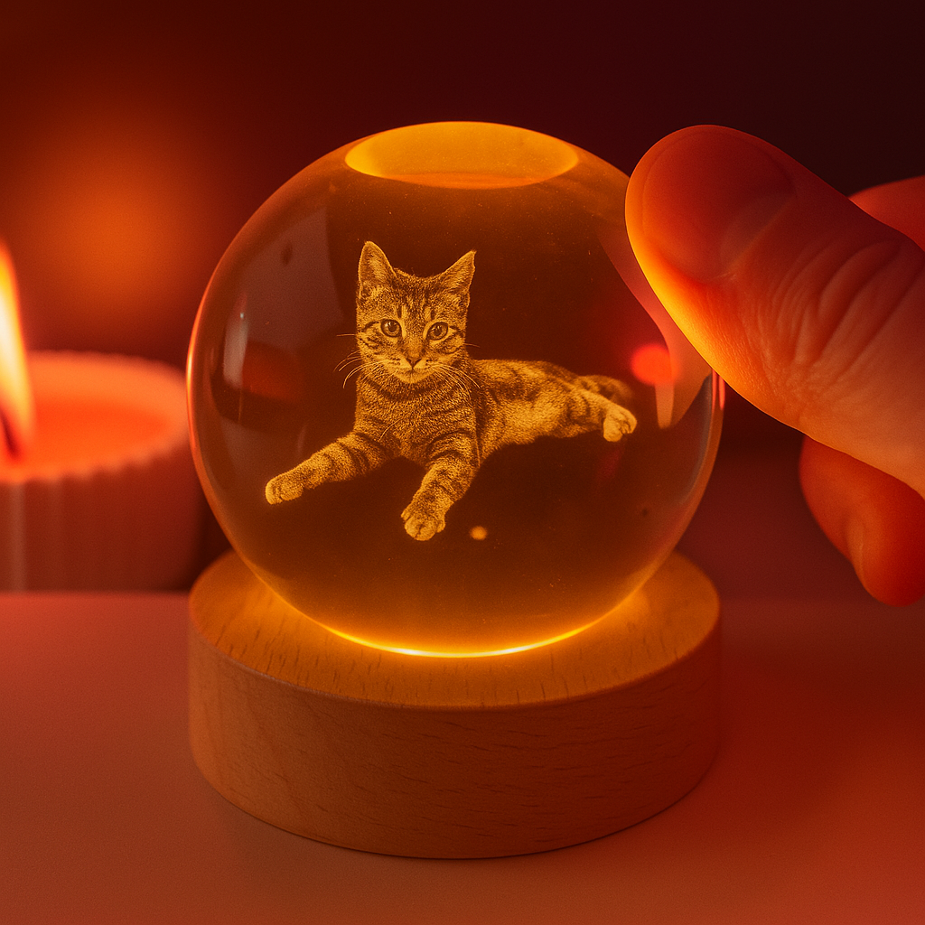 Gepersonaliseerde glazen herinneringsbal met warm LED licht en foto van je geliefde huisdier. Een dierbaar troostcadeau.