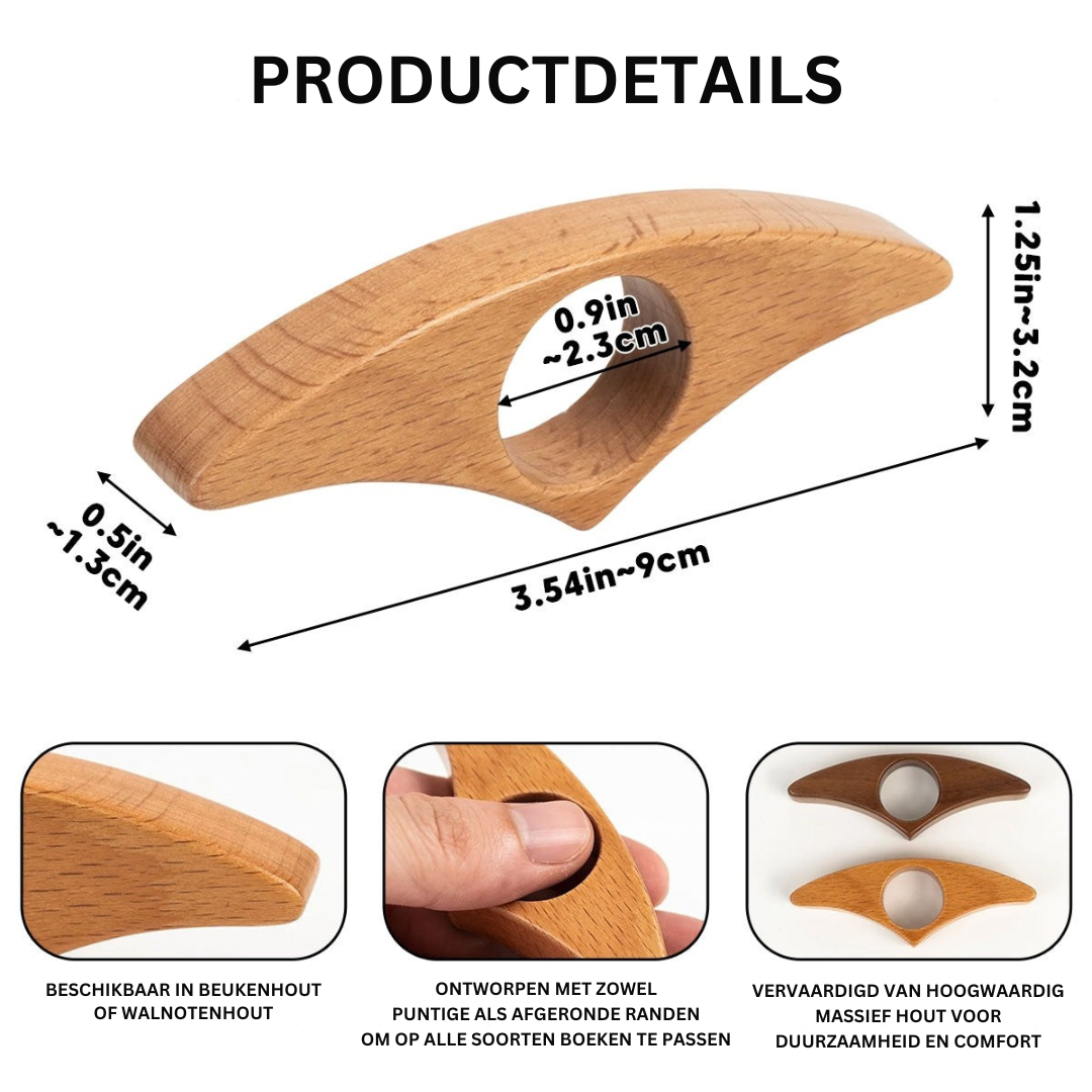 Ergonomische boekenhouder van walnoot of beuken. Deze leeshulp maakt lezen met één hand comfortabel.