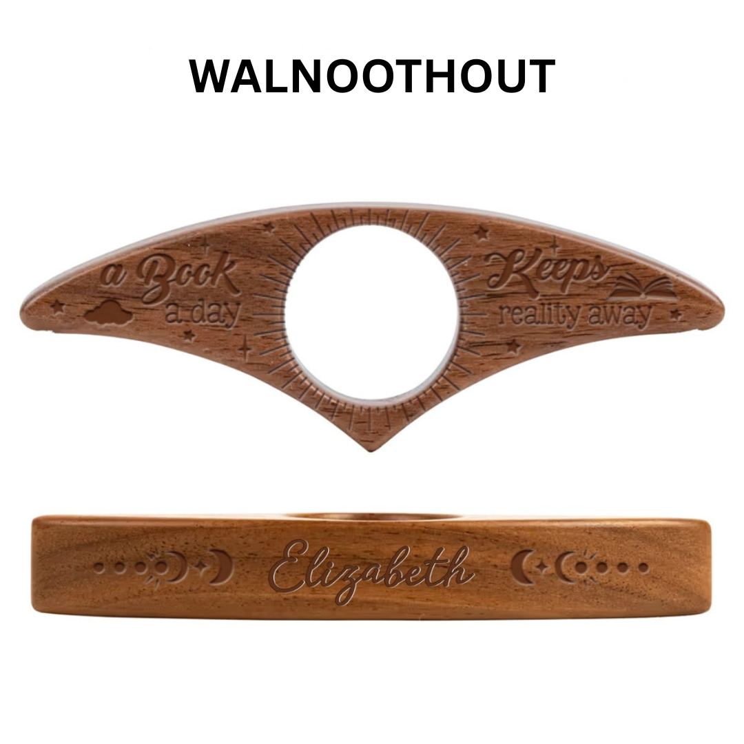 Houten boekenhouder van walnoot, speciaal ontworpen voor comfortabel en gemakkelijk lezen met één hand.