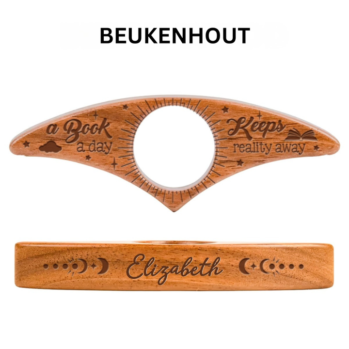 Gepersonaliseerde boekenhouder van beuken of walnoot. Het ideale handgemaakte cadeau voor lezers.