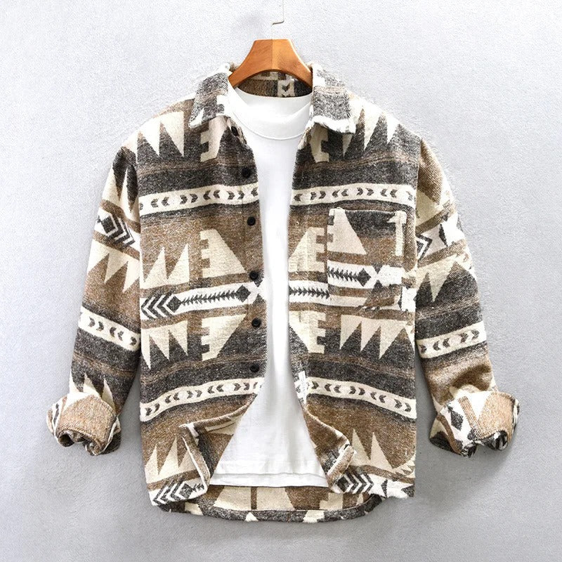 Geruit heren overshirt met etnische print, ideaal voor een casual winter- of herfstlook.