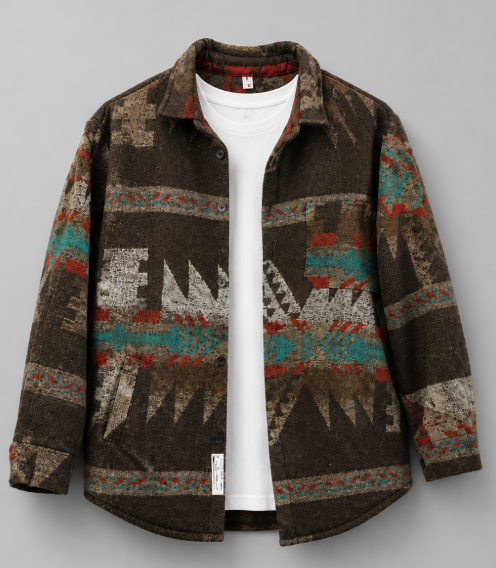 Comfortabel heren overshirt geruit met unieke etnische print, perfect voor retro-geïnspireerde herfstmode.