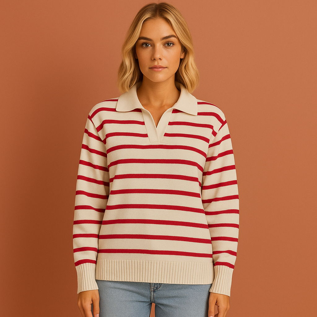 Gestreepte damespolo met lange mouwen, ideaal voor een casual, comfortabele dagelijkse look.